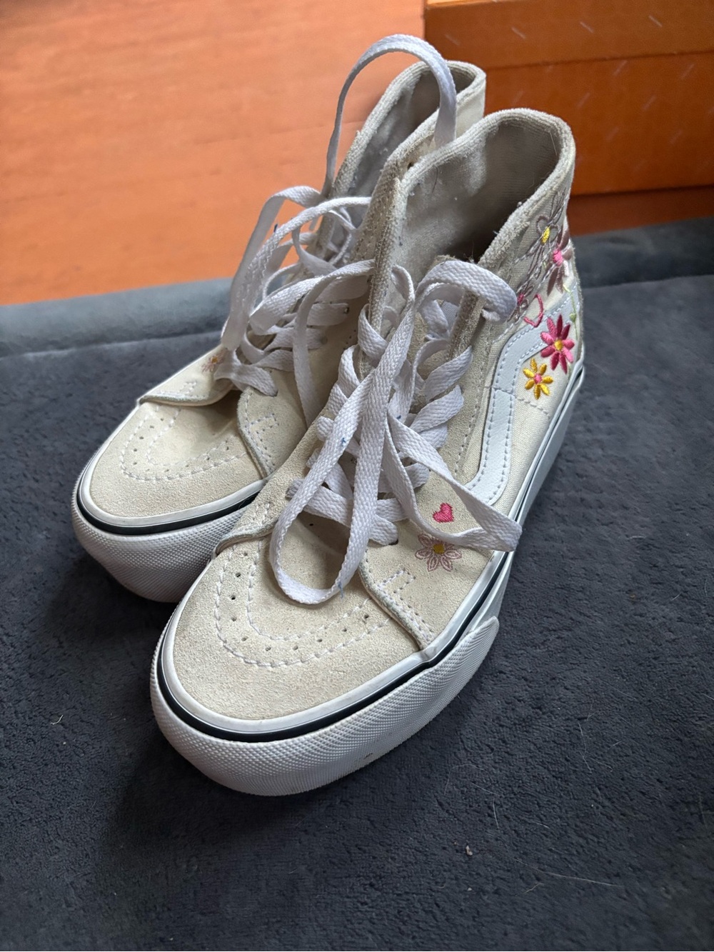 Embroidered Floral High-Top Platform Vans- Cream with Pink & Yellow Flowers